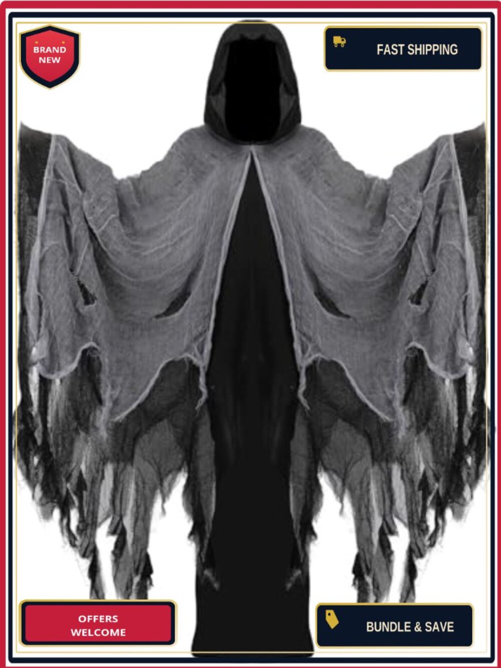 Tattered Hooded Cloak Medieval Wizard Death Cape Cosplay Costume Adult